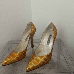 Italian Designer-Casadei, yellow crocodile leather pumps 3.5” heel